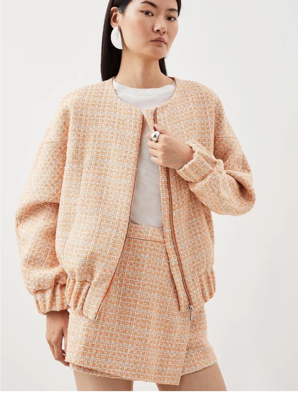 NWT KarenMillen Tailored Orange Sparkle Boucle Bomber.